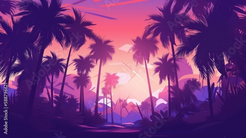 Sunset with palm trees, beach, nature, illustration, vector © Enea