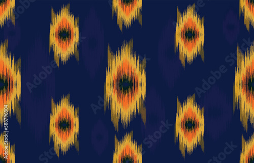 dark blue and orange fabric ikat seamless pattern geometric ethnic traditional embroidery style.Design for background,carpet,mat,sarong,clothing,Vector illustration.