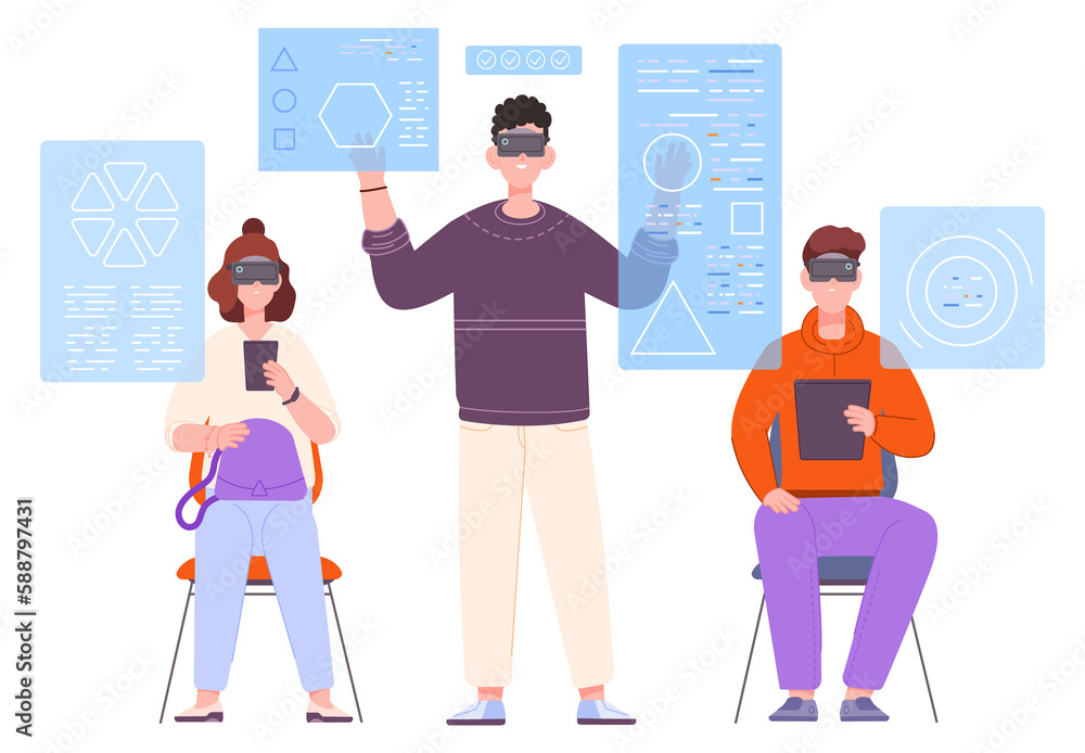 Futuristic workspace. People working with data in vr headset