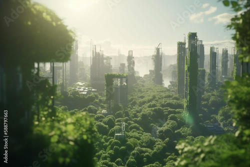 Green metropolis of the future: High-tech city with lush vegetation and clear skies