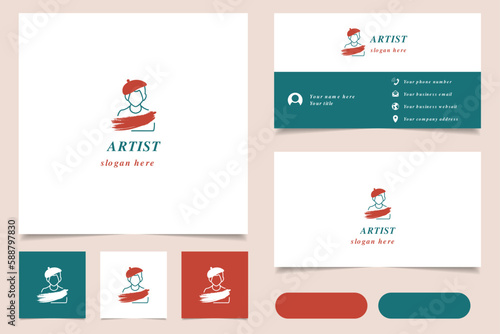 Artist logo design with editable slogan. Branding book and business card template.