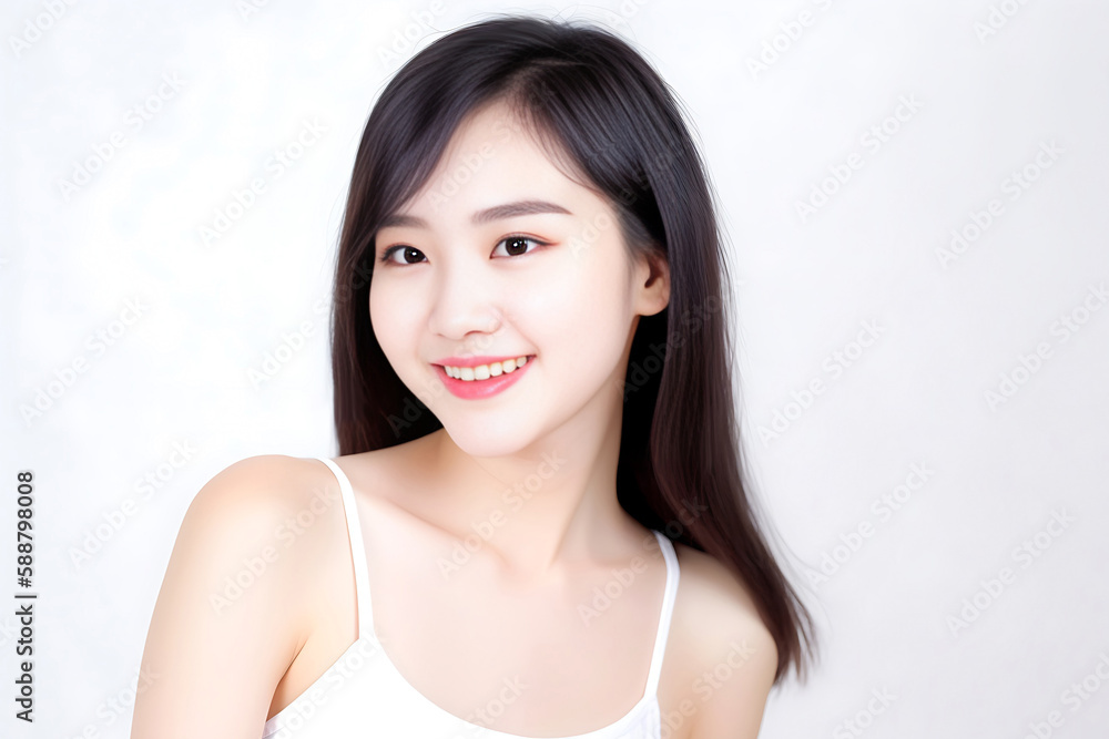 Portrait of Beautiful Asian Woman with her Smooth skin look at camera on White background in Studio light. generative AI. Portrait of Beautiful Asian Woman with her Smooth skin look at camera on White background in Studio light. generative AI.