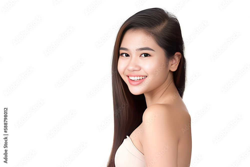 Portrait of Beautiful Asian Woman with her Smooth skin look at camera on White background in Studio light. generative AI. Portrait of Beautiful Asian Woman with her Smooth skin look at camera on White background in Studio light. generative AI.