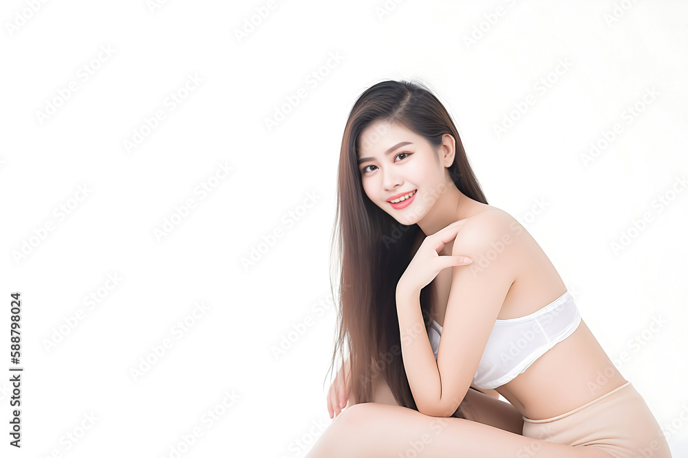Portrait of Beautiful Asian Woman with her Smooth skin look at camera on White background in Studio light. generative AI. Portrait of Beautiful Asian Woman with her Smooth skin look at camera on White background in Studio light. generative AI.