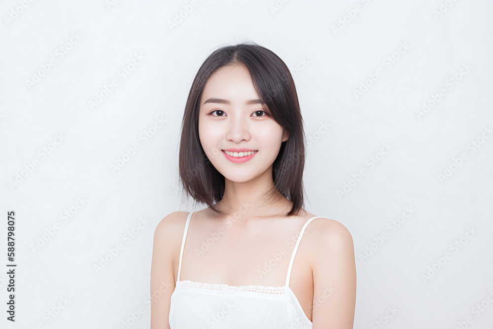 Portrait of Beautiful Asian Woman with her Smooth skin look at camera on White background in Studio light. generative AI. Portrait of Beautiful Asian Woman with her Smooth skin look at camera on White background in Studio light. generative AI.