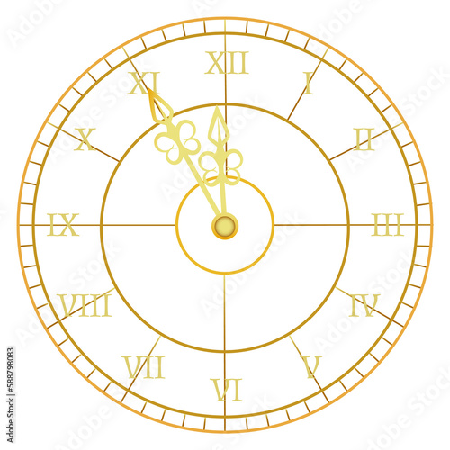 Vintage clock face. Roman numbers golden lines