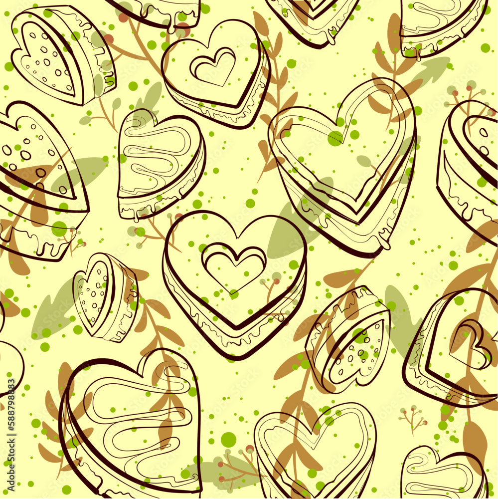 Seamless pattern with line art heart shaped cakes. Coffee to go conceptual wall art with chocolate chips cookies and decorative leaves Seamless pattern with line art heart shaped cakes. Coffee to go conceptual wall art with chocolate chips cookies and decorative leaves