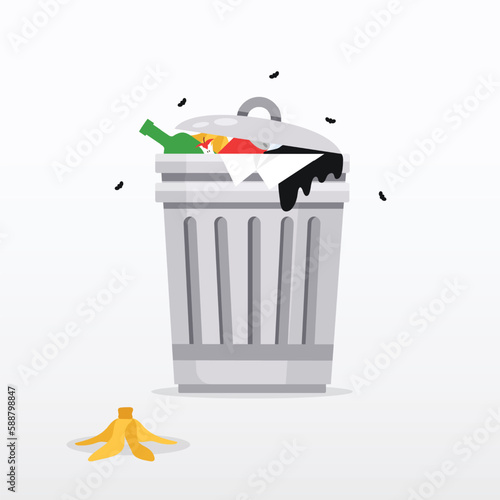 Garbage can full of overflowing trash. Flat design vector illustration. Stock illustration. 