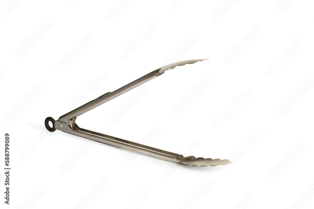 Una pinza para alimentos de acero inoxidable, utensilio de cocina para cocinar sobre un fondo blanco liso y aislado. Vista de frente y de cerca. Copy space Una pinza para alimentos de acero inoxidable, utensilio de cocina para cocinar sobre un fondo blanco liso y aislado. Vista de frente y de cerca. Copy space