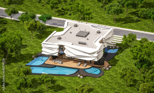 3d rendering of cute cozy modern house with bionic natural curves plastic forms with parking  and pool for sale or rent with beautiful landscape. Clear sunny summer day with blue sky