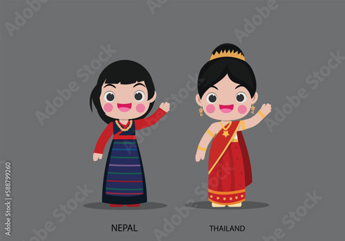 Nepal girls in national dress. Set of Brunei  woman dressed in national clothes. Vector flat illustration. photo