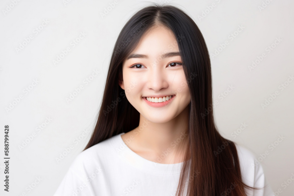 Long Hair Japanese Girl Teenager smiles at the Camera on White Background with studio light. generative AI Long Hair Japanese Girl Teenager smiles at the Camera on White Background with studio light. generative AI