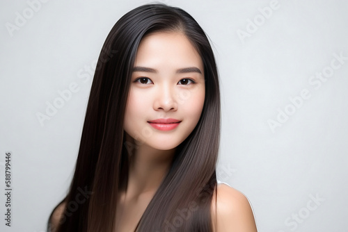 Long Hair Japanese Girl Teenager smiles at the Camera on White Background with studio light. generative AI