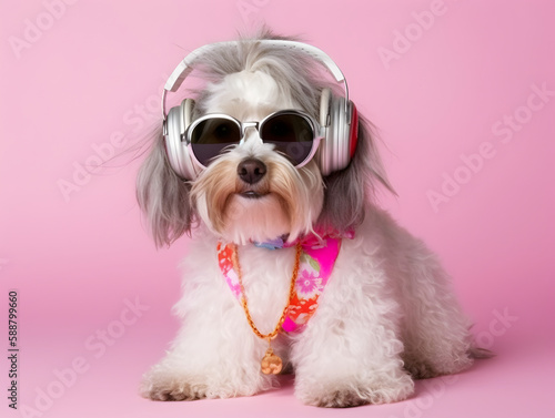 Havanese dog with headphone, wearing eyeglasses.