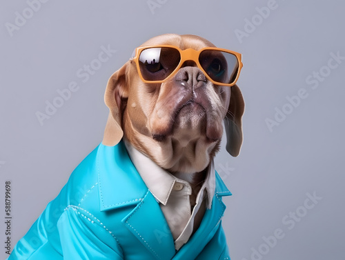 Bull dog with fashionable dressing, wearing eyeglasses.