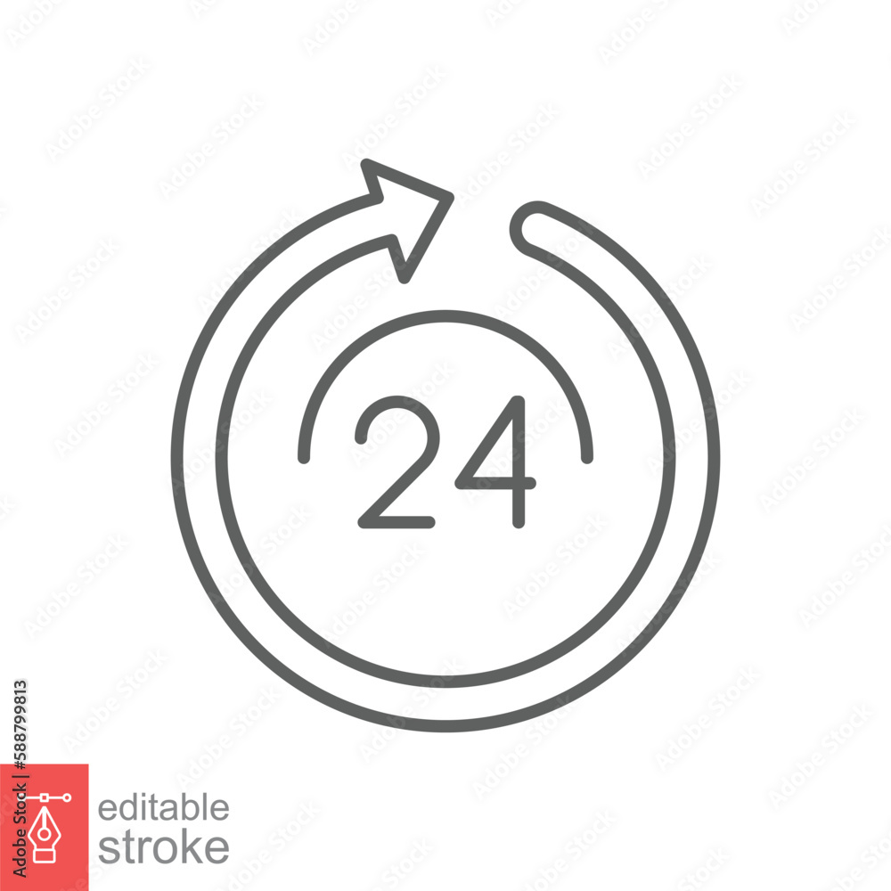 24 hour icon. Around the clock work service or support, always available concept. Simple outline style. Thin line symbol. Vector illustration isolated on white background. Editable stroke EPS 10. 24 hour icon. Around the clock work service or support, always available concept. Simple outline style. Thin line symbol. Vector illustration isolated on white background. Editable stroke EPS 10.