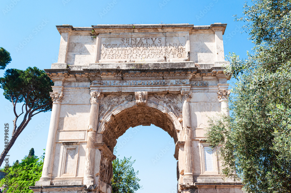 The Arch of Titus,  located on the Via Sacra, Rome, Italy. It is a triumphal arch commemorates the Roman victory of the Jews.