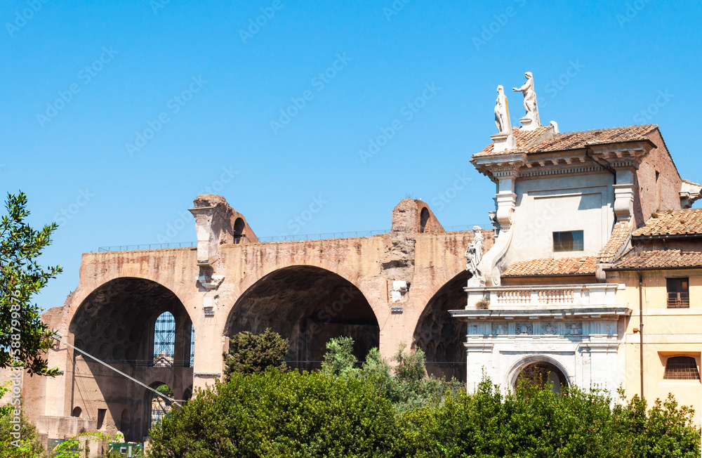The ruins of the Basilica of Maxentius and Constantine, the largest building in the Roman Forum, Rome, Italy.