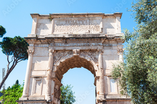 The Arch of Titus,  located on the Via Sacra, Rome, Italy. It is a triumphal arch commemorates the Roman victory of the Jews.