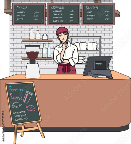 カフェ　女性店員　考える　全景
