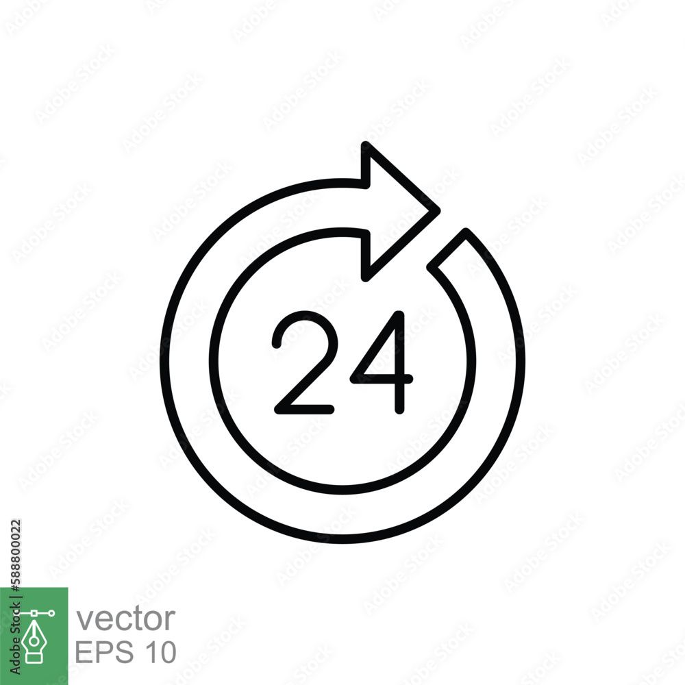 24 hour icon. Around the clock work service or support, always available concept. Simple outline style. Thin line symbol. Vector illustration isolated on white background. EPS 10. 24 hour icon. Around the clock work service or support, always available concept. Simple outline style. Thin line symbol. Vector illustration isolated on white background. EPS 10.