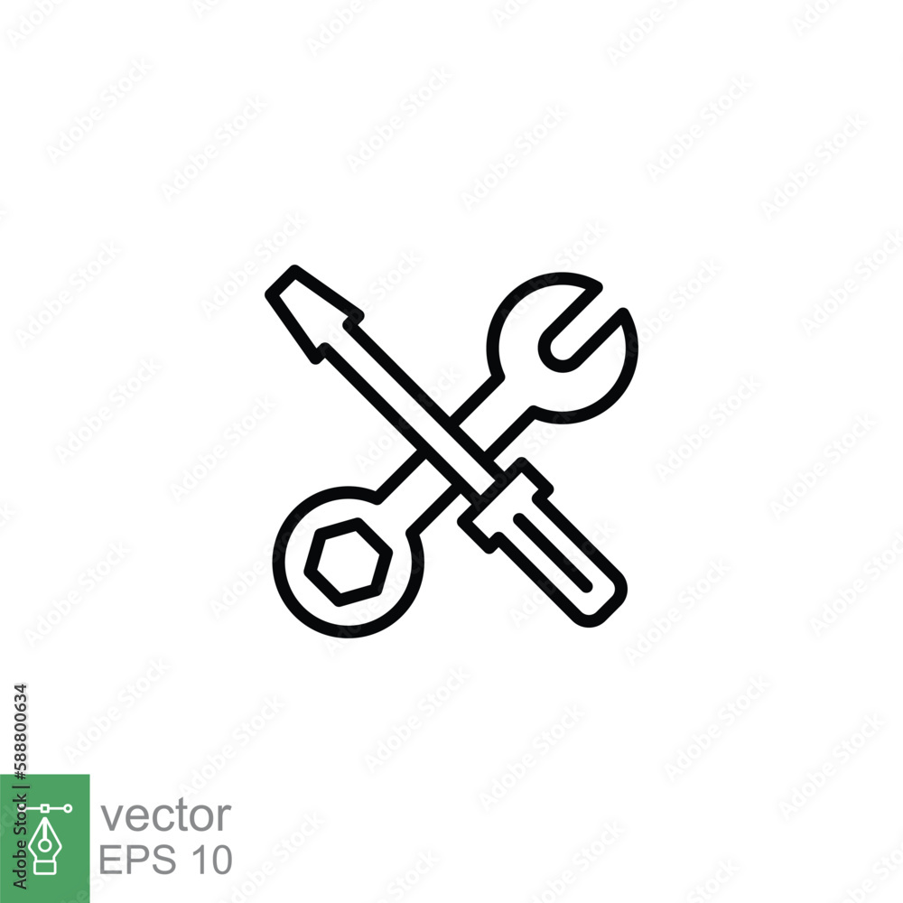 Maintenance icon. Wrench and screwdriver crossed construction tools, fix, repair concept. Simple outline style. Thin line symbol. Vector illustration isolated on white background. EPS 10. Maintenance icon. Wrench and screwdriver crossed construction tools, fix, repair concept. Simple outline style. Thin line symbol. Vector illustration isolated on white background. EPS 10.