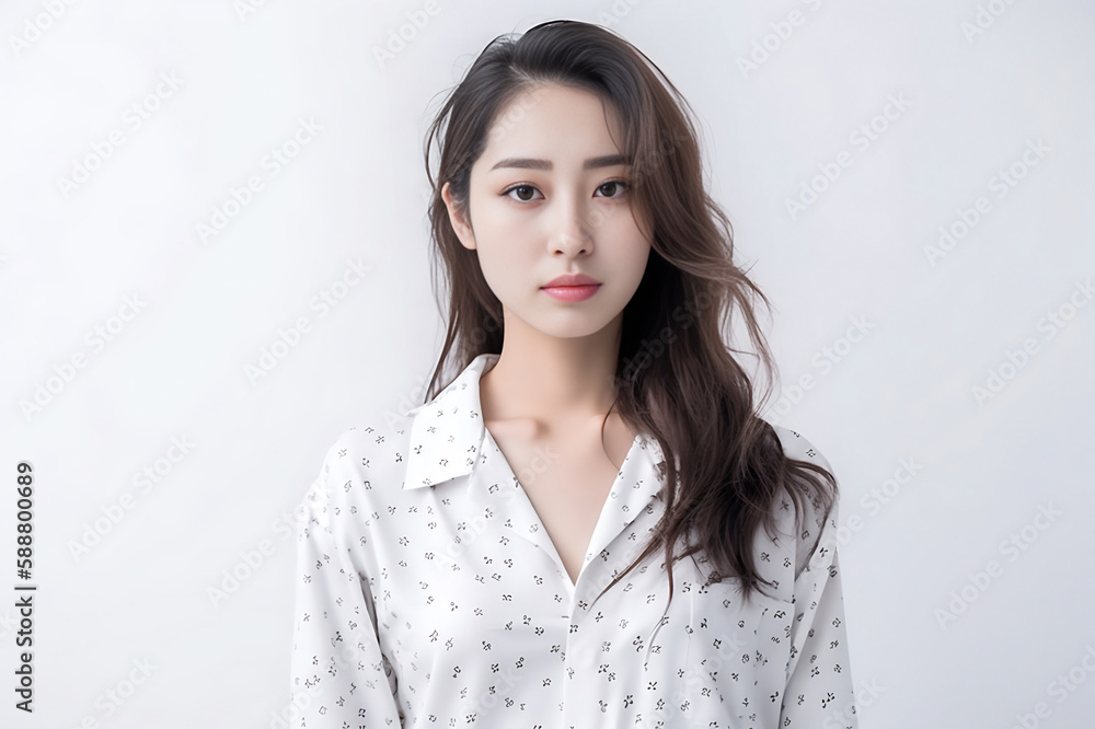 Pajamas on a Beautiful Asian Japanese Girl 16-30 years old, looks at the camera on White Background. generative AI Pajamas on a Beautiful Asian Japanese Girl 16-30 years old, looks at the camera on White Background. generative AI