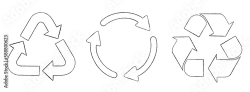 Recycle symbol vector illustration set black lines hand drawn pencil crayon texture recycling environmentally eco friendly symbol