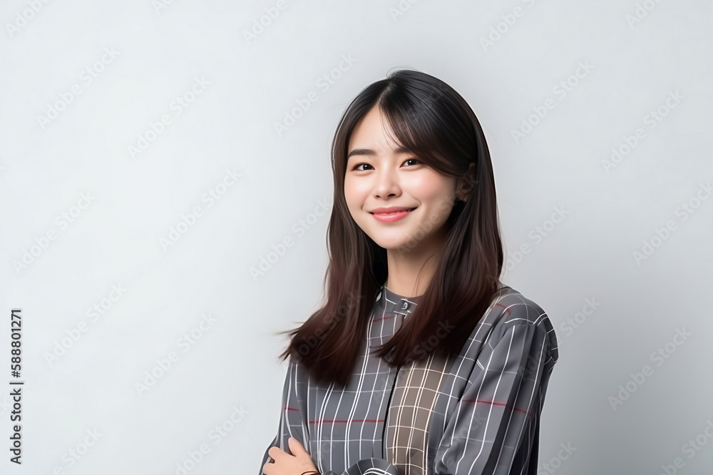 Smart Casual Office Shirt uniform Girl Teenager - Adult stands in front of White Background. generative AI Smart Casual Office Shirt uniform Girl Teenager - Adult stands in front of White Background. generative AI