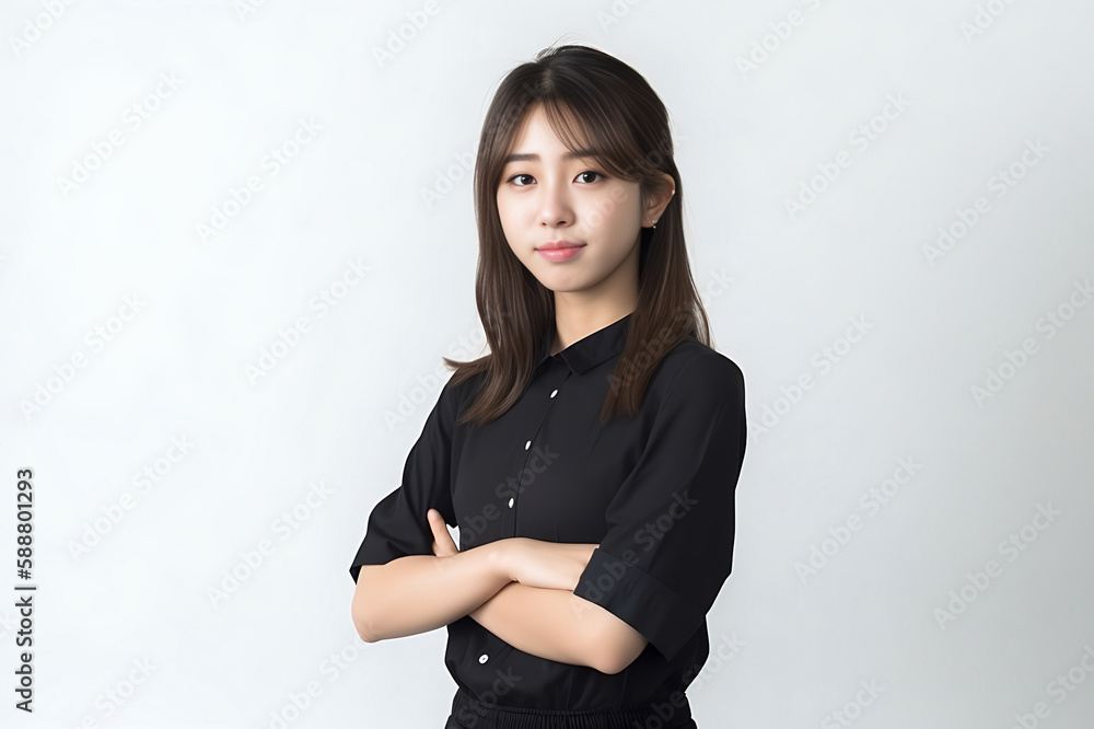 Smart Casual Office Shirt uniform Girl Teenager - Adult stands in front of White Background. generative AI Smart Casual Office Shirt uniform Girl Teenager - Adult stands in front of White Background. generative AI