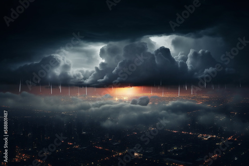 Stormy Skies over the City: Aerial View of Thunderstorm and Lightning