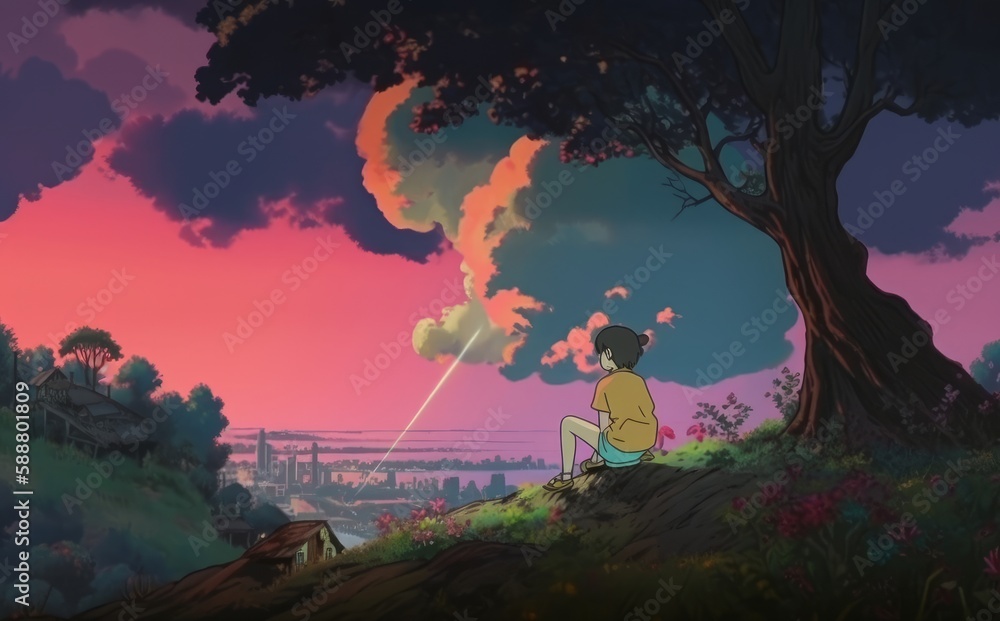 Fototapeta premium The boy on the cliff. The Anime Art Revolution. Generative AI