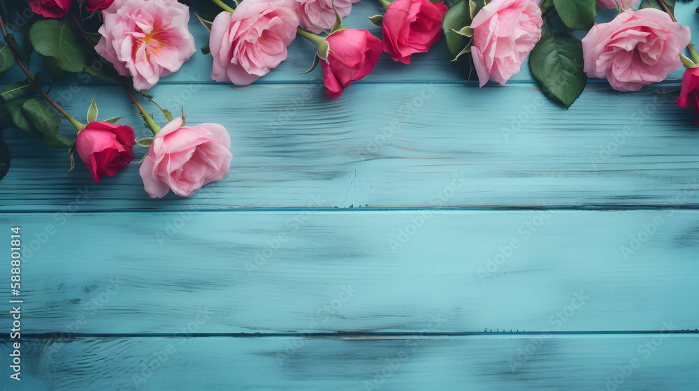 Pink Roses on Blue Wooden Planks for Girls Party Background