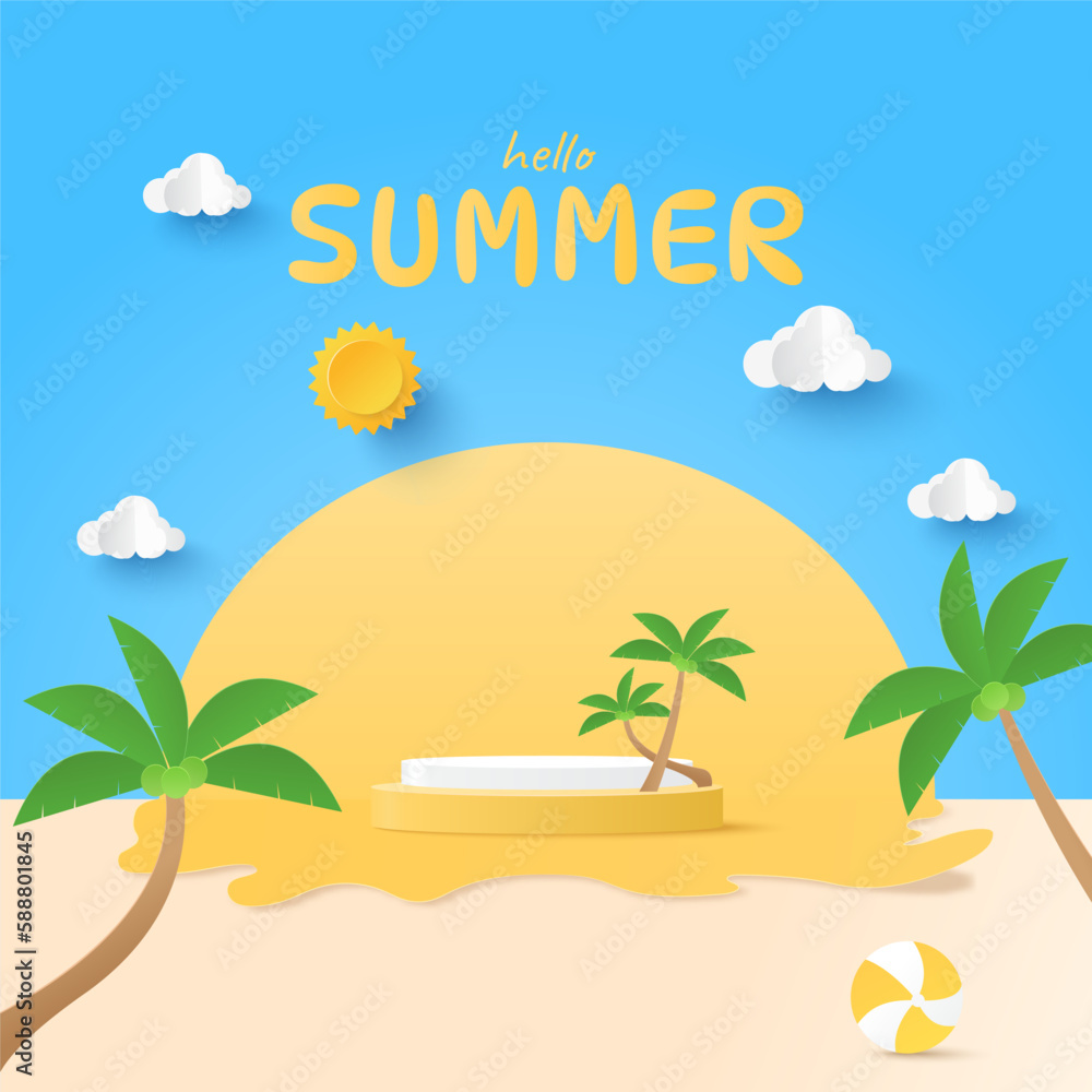 Summer time background. Podium platform to show product with yellow circle background. Tropical nature beach in summer with coconut tree