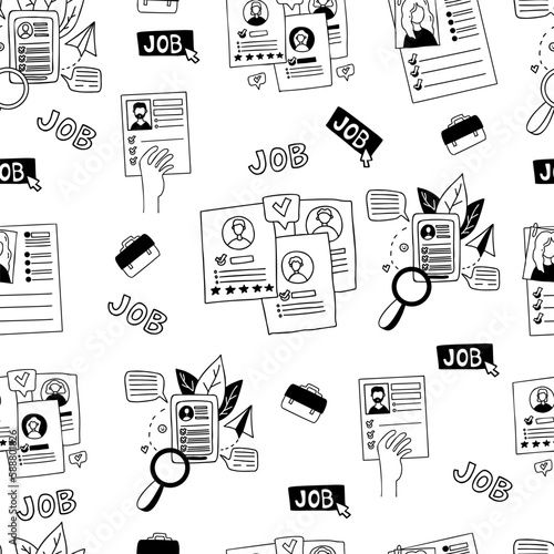 Business and work seamless pattern. Resumes of applicants, questionnaires and documents on white background. Vector illustration. Linear hand drawn doodle style.