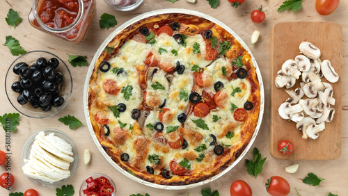 Recipe for making delicious Italian pizza with vegetables and mozzarella, flat lay, home cooking