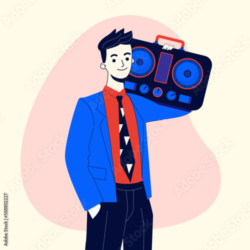 Young man dressed in 90s style vector illustration. Student in bright clothes holding retro tape recorder, playing music on white background. 90s fashion, nostalgia concept