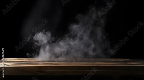 Wooden Plank Podium with Smoke in Dark Background