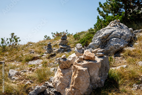 Biokovo mountain, a karst landscape with pinewood and srubland located behind the Dalmatian coast of the Adriatic Sea, the so-called Makarska Riviera in Croatia.