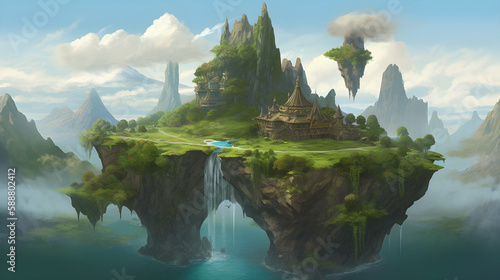 a fantasy landscape that features floating islands that are held up by magic. You could include waterfalls  towering mountains  and ancient ruins on these floating islands to make them feel like fully