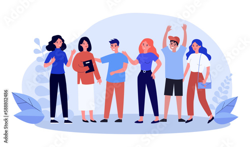 Young people standing side by side vector illustration. Group of happy friends talking, hugging, supporting each other. Friendship, love, healthy relationship, equality, community concept