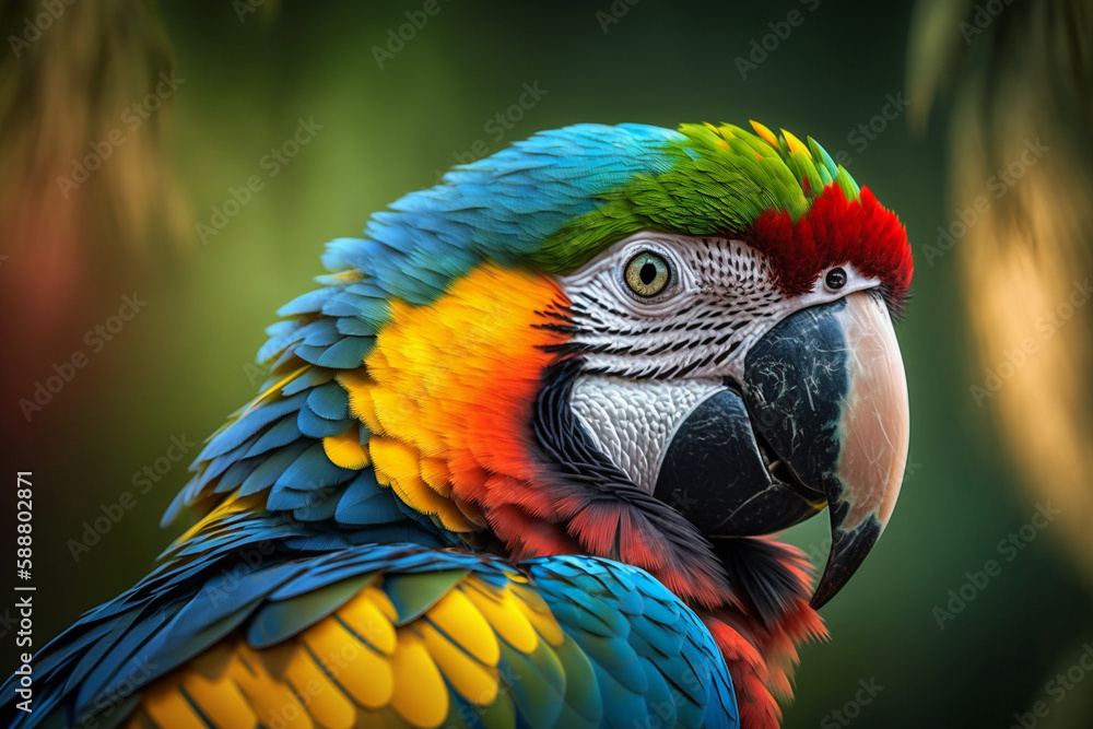 Colorful exotic jungle macaw parrot. Beautiful tropical rainforest wild and vivid vibrant colored bird close up macro. Ai generated