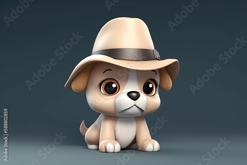 3D cartoon portrait of cute baby dog detective wear hat. Generative AI