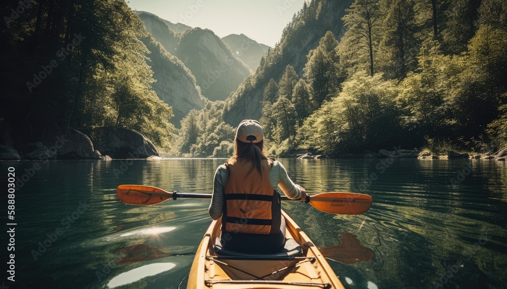 A person enjoying an eco-friendly activity, such as kayaking or hiking, with a focus on the importance of preserving natural habitats. Generative AI - obrazy, fototapety, plakaty 
