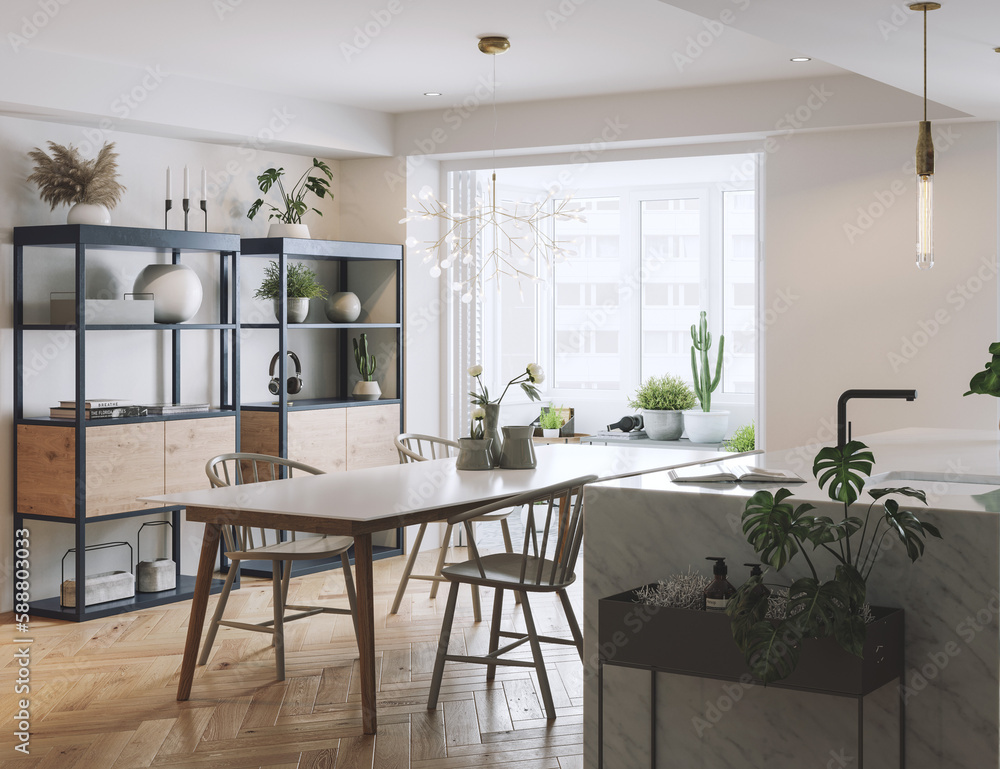 Fototapeta premium Beautiful kitchen with Dining table 3D Rendering.