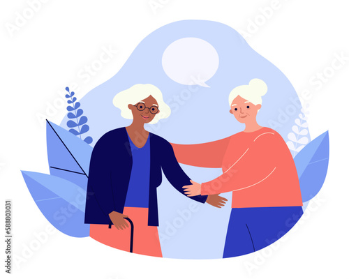 Senior women helping each other vector illustration. Elderly friends hugging, supporting each other. Friendship, love, healthy relationship, equality, community concept