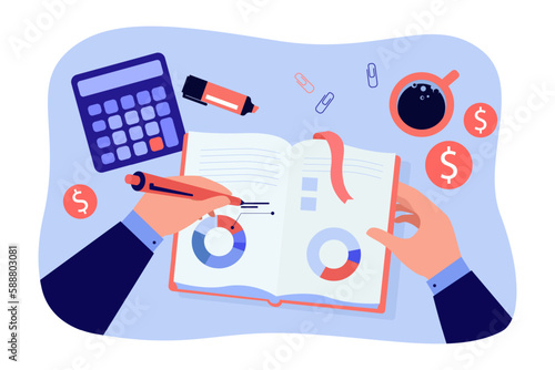 Hands writing in notebook vector illustration. Businessman analyzing finances, managing personal budget at desk with coffee and calculator. Personal finance, deposit growth concept