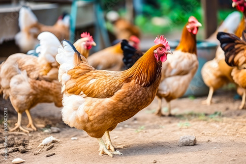 Group of organic chickens pasturing outside in an ecological farm. Poultry farm production, flock of happy chickens. Farming, animal welfare, agroindustry and agribusiness concepts. Generative AI..