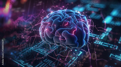 artificial intelligence background in the form of a human brain, against the background of graphs of numbers and calculations. Interaction between AI and humans. ai generation 