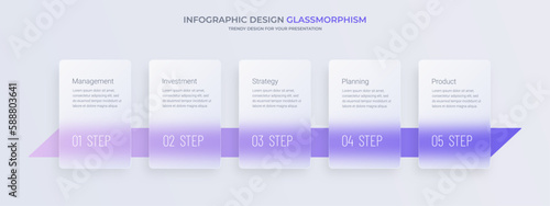 Glassmorphism style infographic for 5 steps. Business management concept.